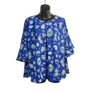 Liz Claiborne Top Blouse Women's Blue White Floral Print Flare Sleeve Sz Large